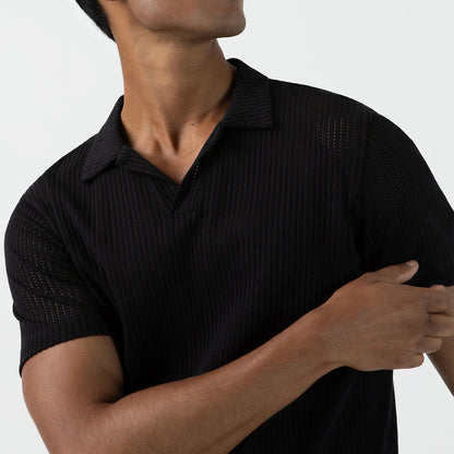 Sunspel Linear Mesh Polo Shirt Black - The Sporting Lodge