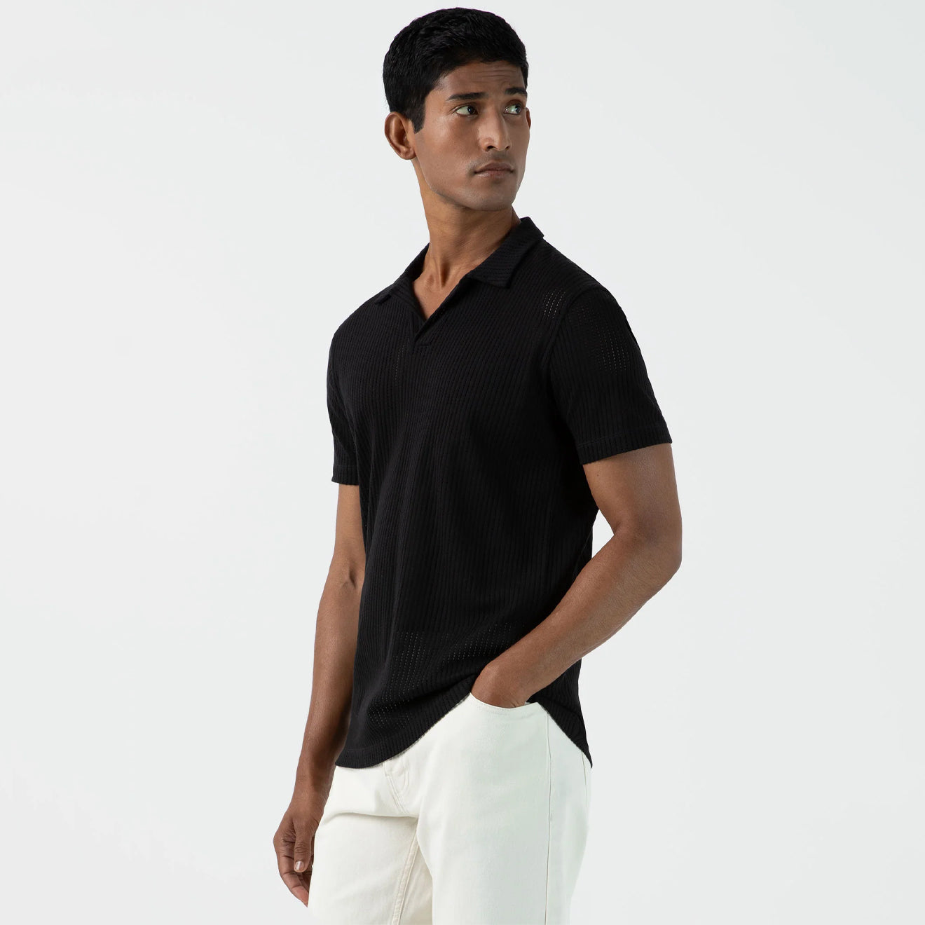 Sunspel Linear Mesh Polo Shirt Black - The Sporting Lodge