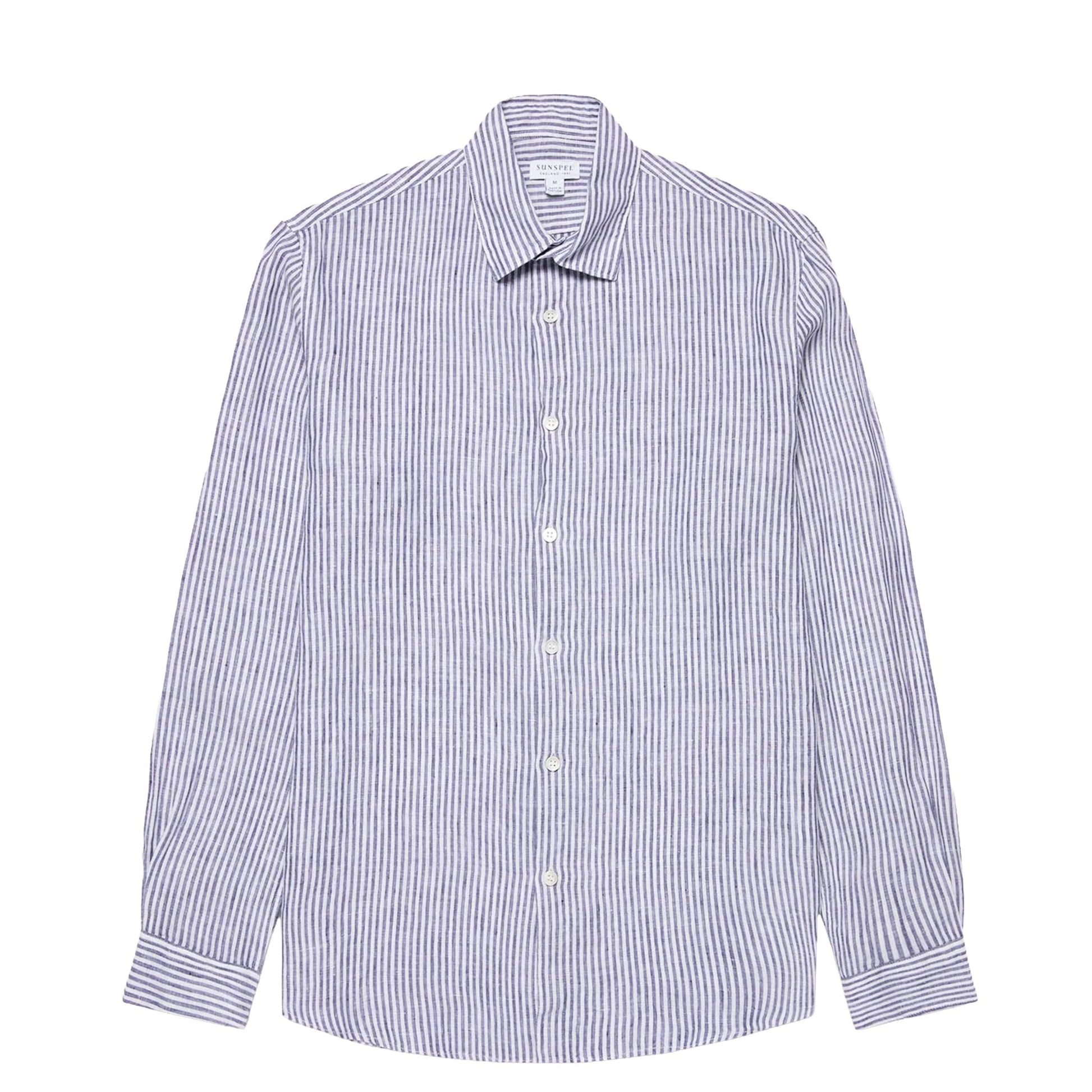Sunspel Linen LS Shirt Vintage Linen Blue Stripe - The Sporting Lodge