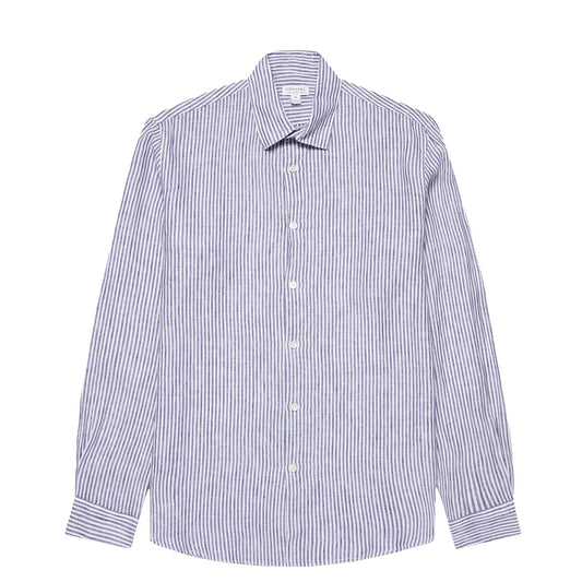 Sunspel Linen LS Shirt Vintage Linen Blue Stripe - The Sporting Lodge
