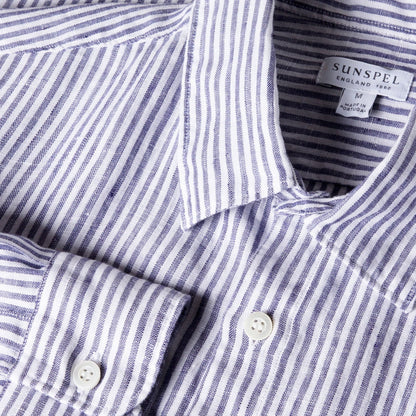 Sunspel Linen LS Shirt Vintage Linen Blue Stripe - The Sporting Lodge