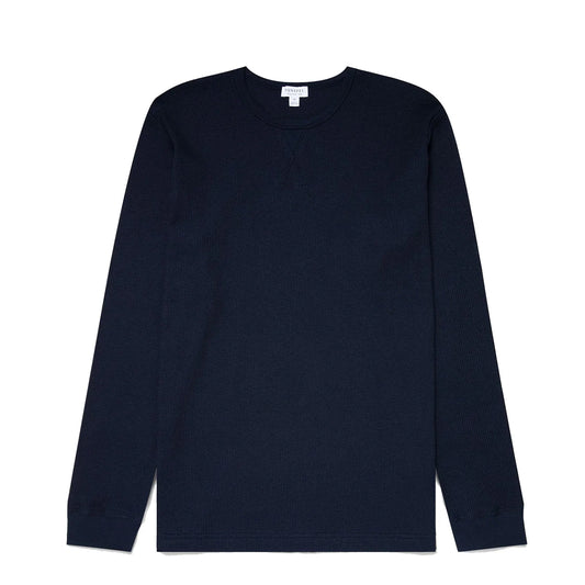 Sunspel Long Sleeve Waffle T-shirt Navy - The Sporting Lodge