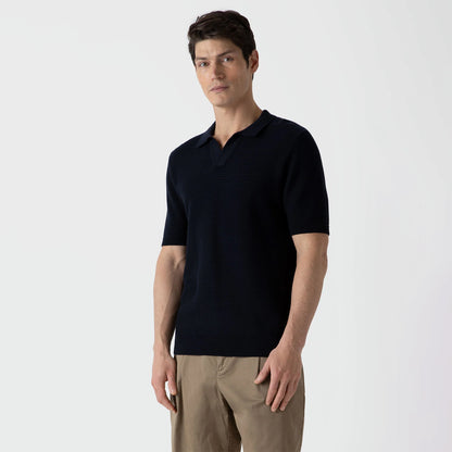 Sunspel Open Textured Polo Shirt Navy - The Sporting Lodge
