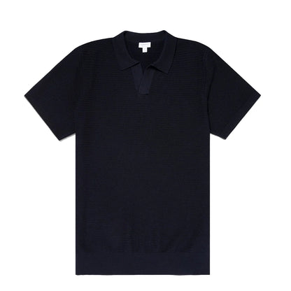 Sunspel Open Textured Polo Shirt Navy - The Sporting Lodge