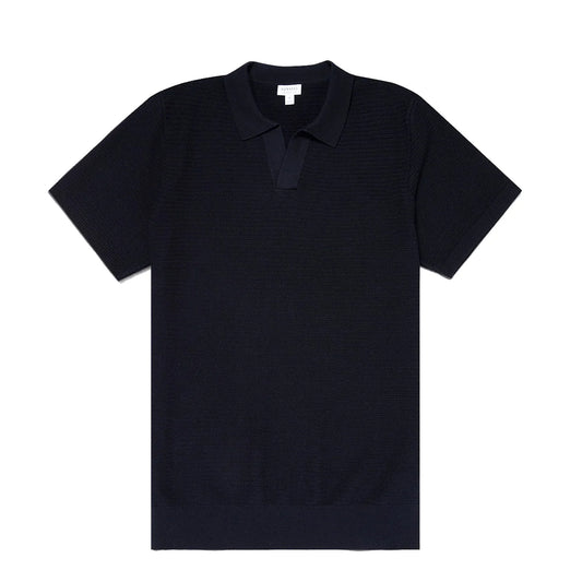 Sunspel Open Textured Polo Shirt Navy - The Sporting Lodge