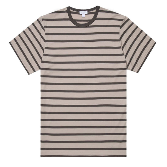 Sunspel S/S Stripe Crew Neck Tee Ash Grey / Charcoal