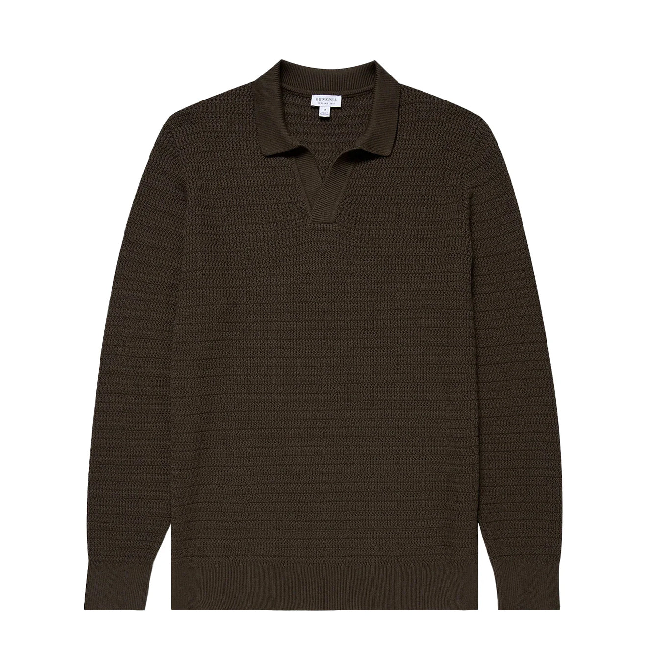 Sunspel Textured Cotton L/S Polo Knitwear Khaki - The Sporting Lodge