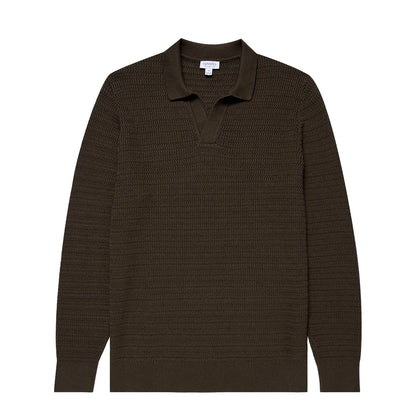 Sunspel Textured Cotton L/S Polo Knitwear Khaki - The Sporting Lodge