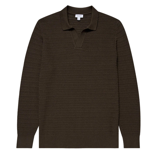 Sunspel Textured Cotton L/S Polo Knitwear Khaki