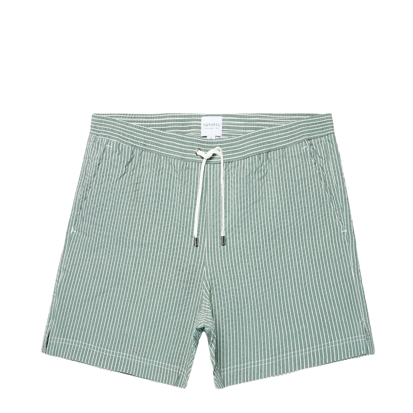 Sunspel Textured Stripe Swimshort Bright Green / White Seersucker Pinstripe