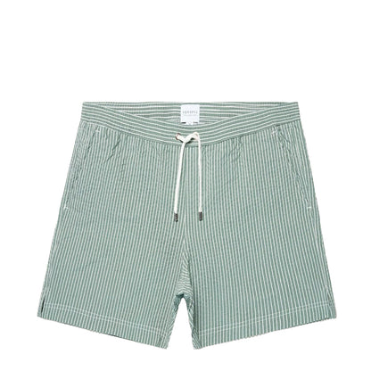 Sunspel Textured Stripe Swimshort Bright Green / White Seersucker Pinstripe