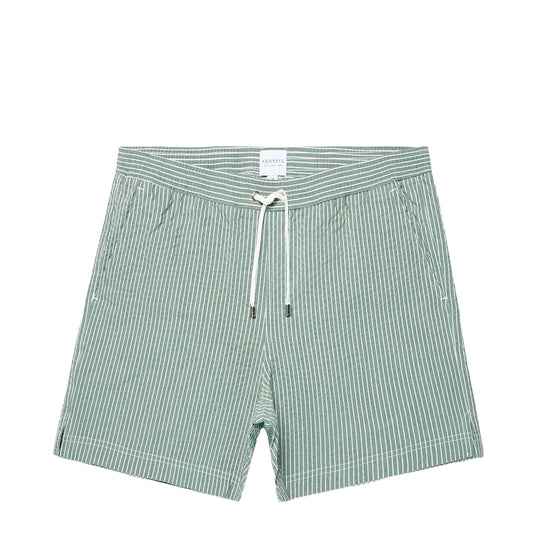 Sunspel Textured Stripe Swimshort Bright Green / White Seersucker Pinstripe