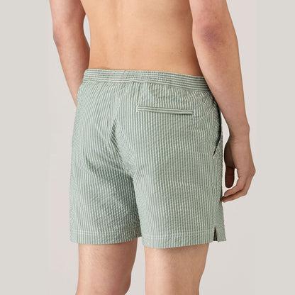 Sunspel Textured Stripe Swimshort Bright Green / White Seersucker Pinstripe