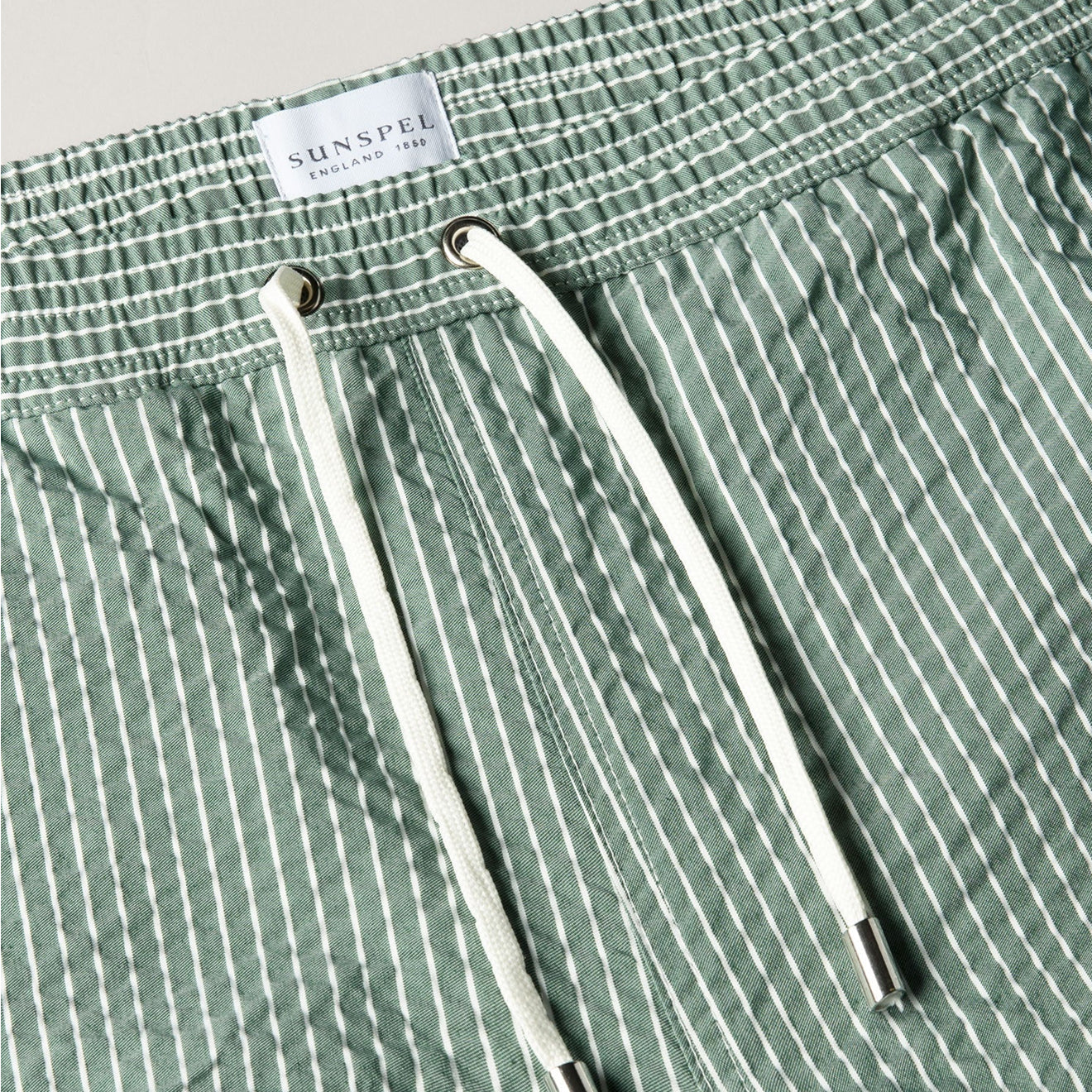 Sunspel Textured Stripe Swimshort Bright Green / White Seersucker Pinstripe
