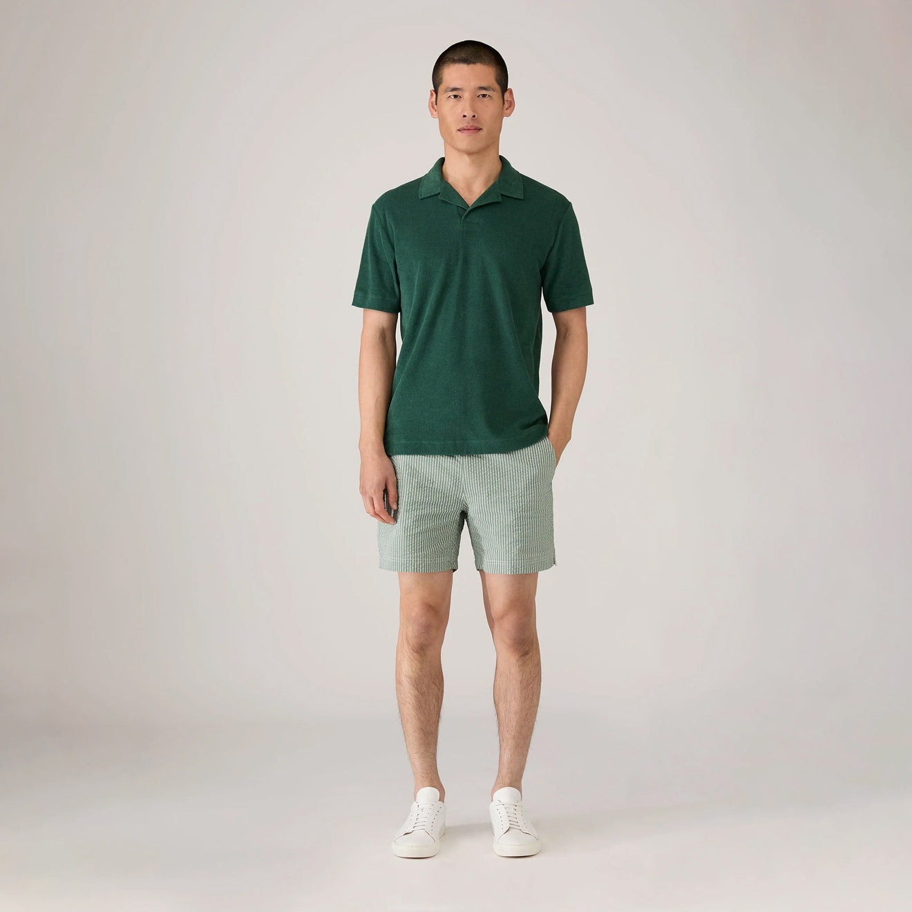 Sunspel Textured Stripe Swimshort Bright Green / White Seersucker Pinstripe
