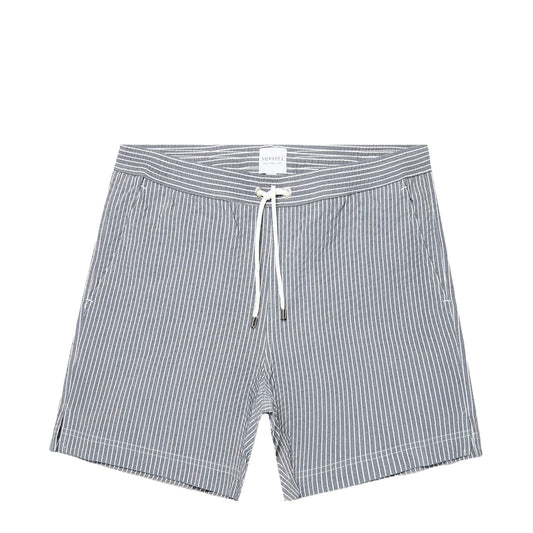 Sunspel Textured Stripe Swimshort Navy / White Seersucker Pinstripe