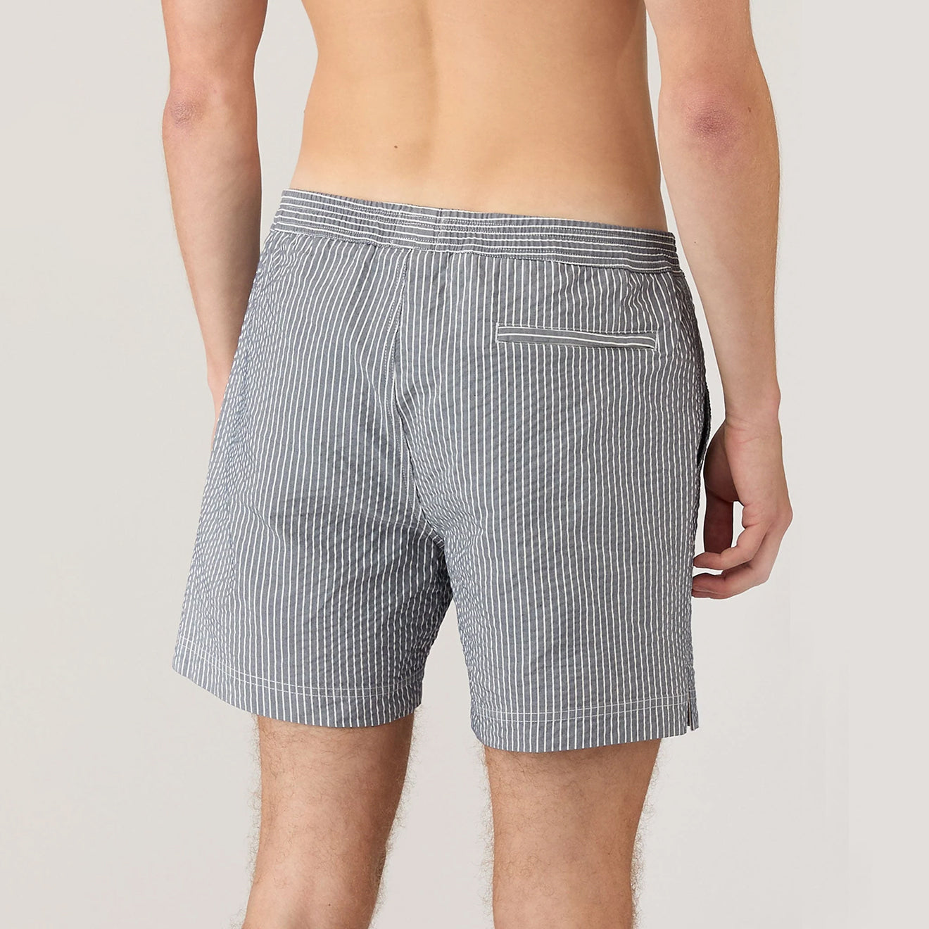 Sunspel Textured Stripe Swimshort Navy / White Seersucker Pinstripe
