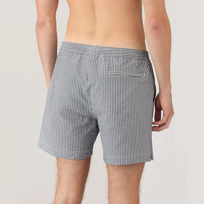 Sunspel Textured Stripe Swimshort Navy / White Seersucker Pinstripe