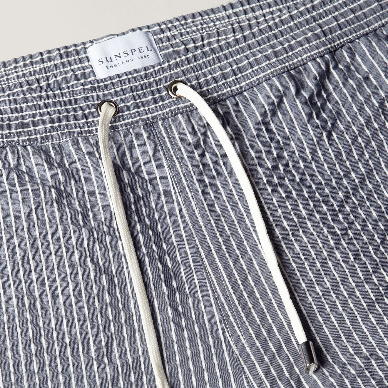 Sunspel Textured Stripe Swimshort Navy / White Seersucker Pinstripe
