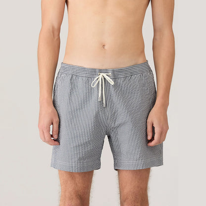 Sunspel Textured Stripe Swimshort Navy / White Seersucker Pinstripe