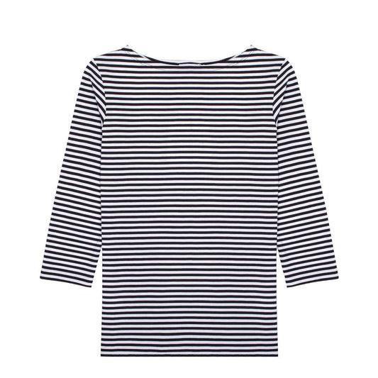 Sunspel Womens 3/4 Sleeve Boat Neck T-Shirt White / Navy Stripe