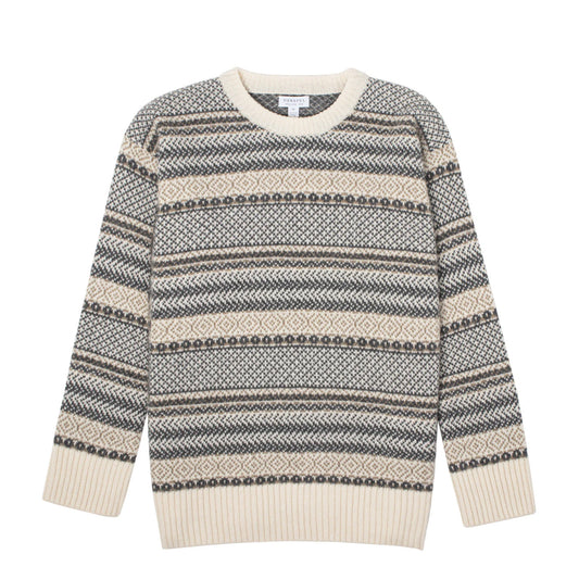 Sunspel Womens Lambswool Fairisle Jumper Ecru / Camel / Charcoal Fairisle