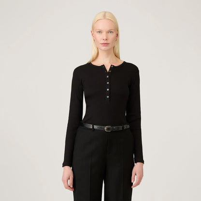 Sunspel Womens Rib L/S Henley Black - The Sporting Lodge