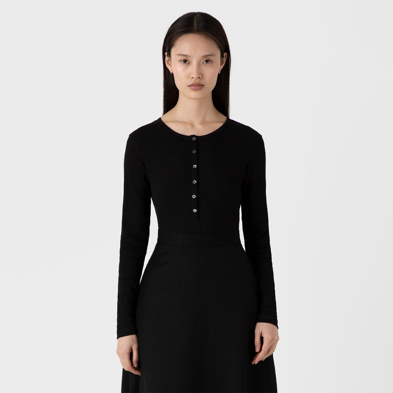 Sunspel Womens Rib Henley Black - The Sporting Lodge
