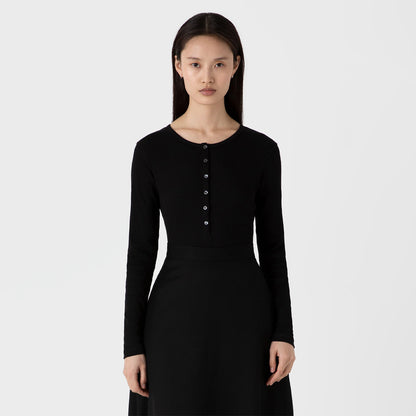 Sunspel Womens Rib Henley Black - The Sporting Lodge