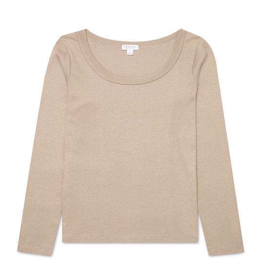 Sunspel Womens Rib L/S Scoop Neck Mink