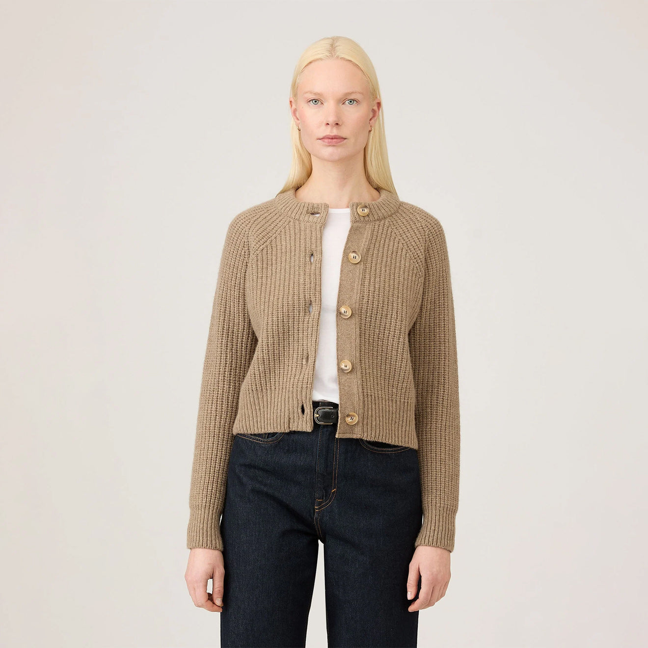 Sunspel Womens Ribbed Crew Neck Cardigan Mink - The Sporting Lodge