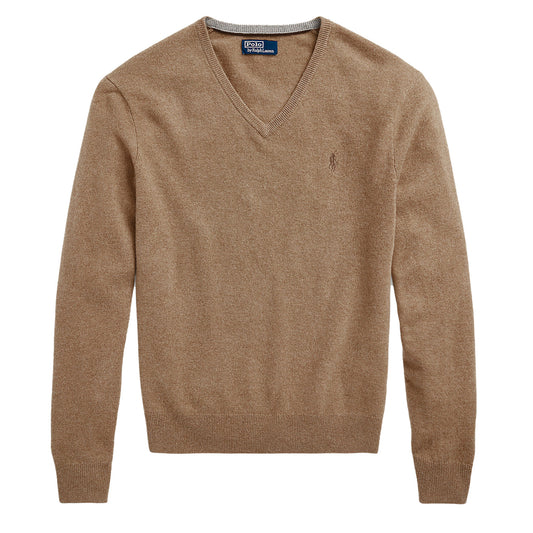 Polo Ralph Lauren Wool V-Neck Jumper Honey Brown Heather - The Sporting Lodge