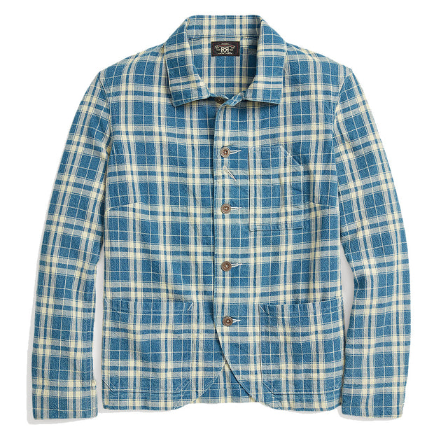 RRL Indigo Work Jacket XL チェック ダブルアールエル RRL by Ralph Lauren Womens Plaid Indigo Cotton-Linen Jacket