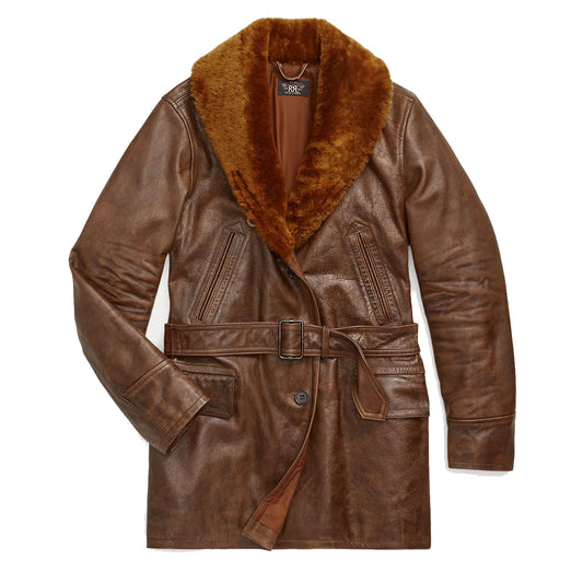 RRL by Ralph Lauren Womens Shearling-Collar Leather Jacket Caramel Brown - The Sporting Lodge