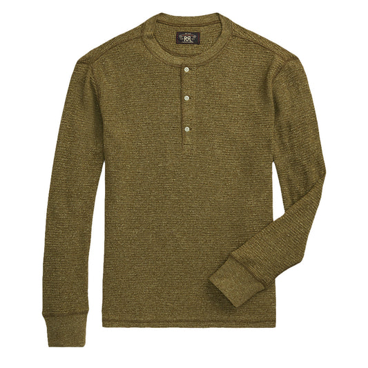 RRL by Ralph Lauren Waffle-Knit Henley Shirt Olive Heather - The Sporting Lodge