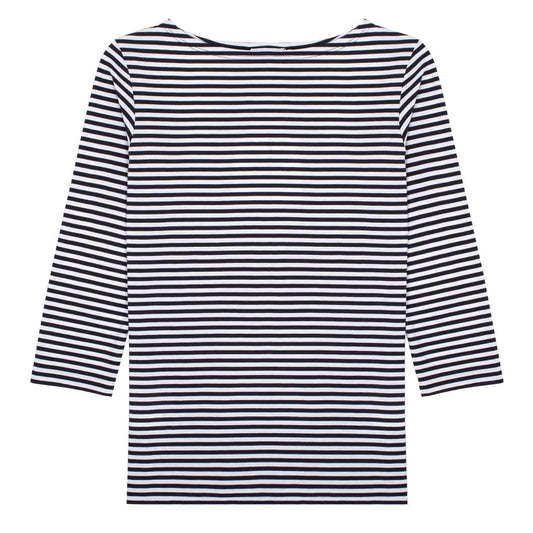 Sunspel Womens 3/4 Sleeve Boat Neck T-Shirt White / Navy Stripe - The Sporting Lodge