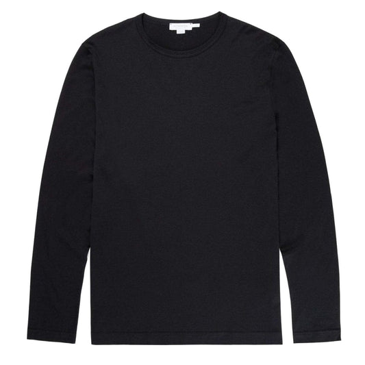 Sunspel Long Sleeve Crew Neck T-Shirt Black - The Sporting Lodge