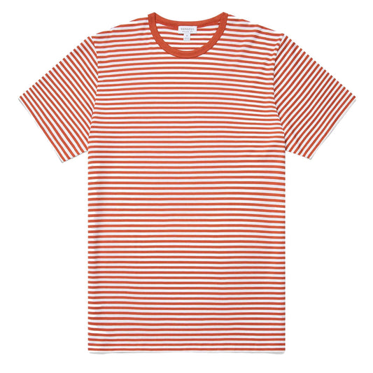 Sunspel S/S Crew Neck T-Shirt White / Burnt Sienna English Stripe - The Sporting Lodge